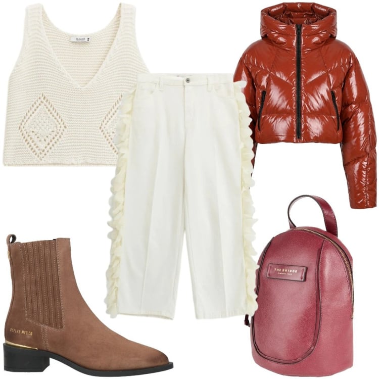 Outfit donna - Total look #2368950. Stile Trendy per Tutti i giorni. Abbinamento con zaini, stivaletti chelsea, top, pantaloni, piumini.