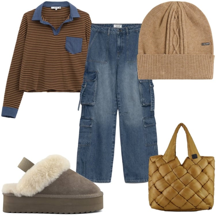 Outfit donna - Total look #2368951. Stile Trendy per Tutti i giorni. Abbinamento con t-shirt, berretti, borse tote, sabot, jeans.