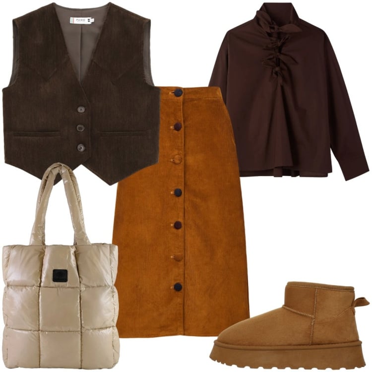 Outfit donna - Total look #2368953. Stile Trendy per Tutti i giorni. Abbinamento con bluse, stivali, gilet, shopping bag, gonne longuette.