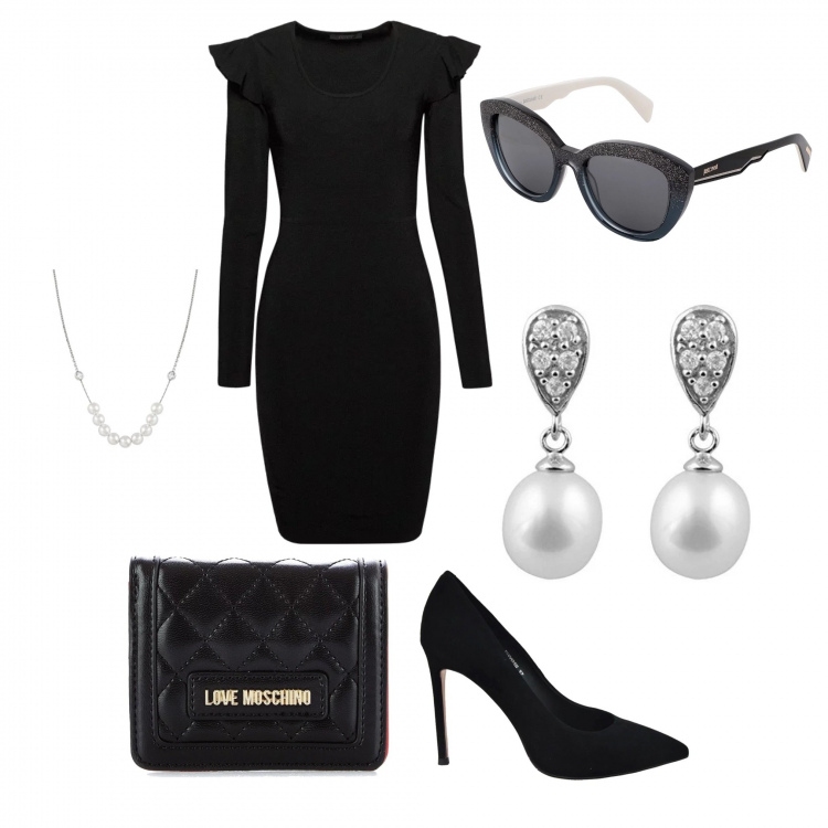Outfit donna - Chic #1918. Stile Chic per Serata fuori. Abbinamento con occhiali da sole lenti sfumate montatura in plastica, vestito nero, orecchini in argento 925 bianco, portafoglio nero, décolleté, collana argento.