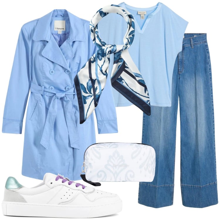 Outfit donna - Soprabito azzurro. Stile Casual per Tutti i giorni. Abbinamento con jeans, trench, bluse, foulard, valigie, sneakers.
