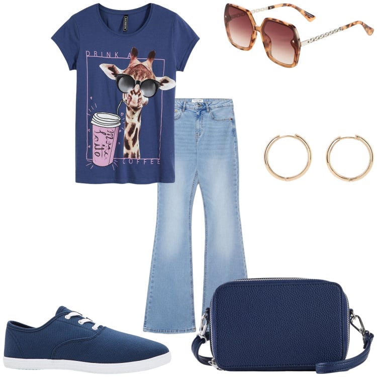 Outfit donna - Arriva il caldo. Stile Casual per Tutti i giorni. Abbinamento con sneakers, t-shirt, occhiali da sole, orecchini, borse a tracolla, jeans a zampa.