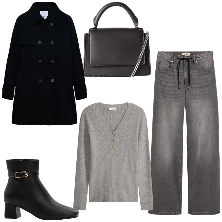 Outfit donna - Casual chic. Stile Casual chic per Tutti i giorni. Abbinamento con jeans dritti, maglieria, stivaletti, borse a tracolla, trench.