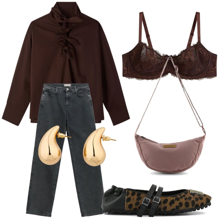 Outfit donna - Total look #2368975. Stile Casual chic per Tutti i giorni. Abbinamento con reggiseni, orecchini, bluse, jeans dritti, ballerine, borse a tracolla.