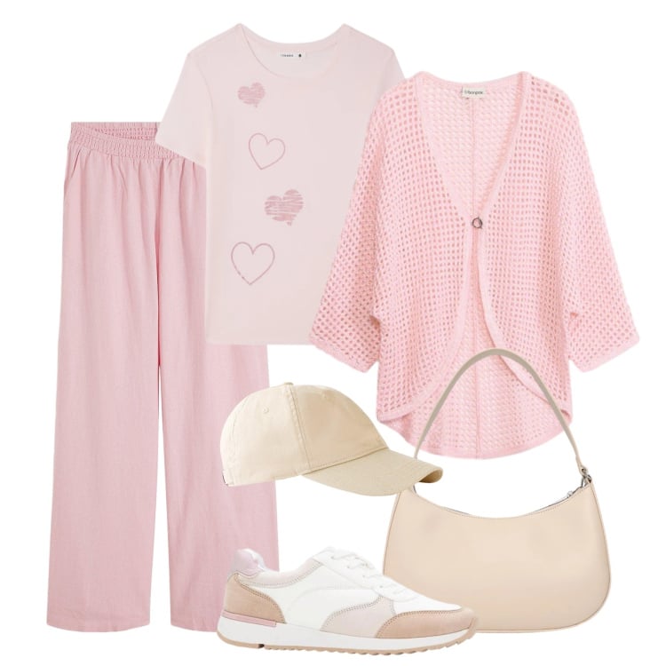 Outfit donna - Tempo libero in rosa. Stile Casual per Tutti i giorni. Abbinamento con cappelli con visiera, pantaloni a palazzo, sneakers, cardigans, t-shirt, borse a tracolla.