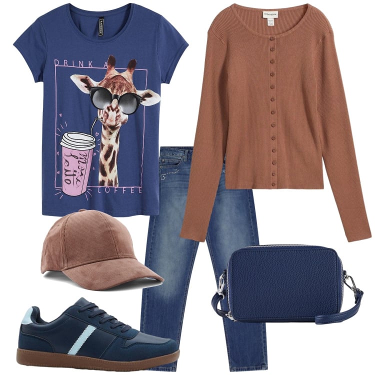 Outfit donna - Ti va un frullato?. Stile Casual per Tutti i giorni. Abbinamento con t-shirt, cardigans, sneakers, borse a tracolla, jeans dritti, cappelli con visiera.