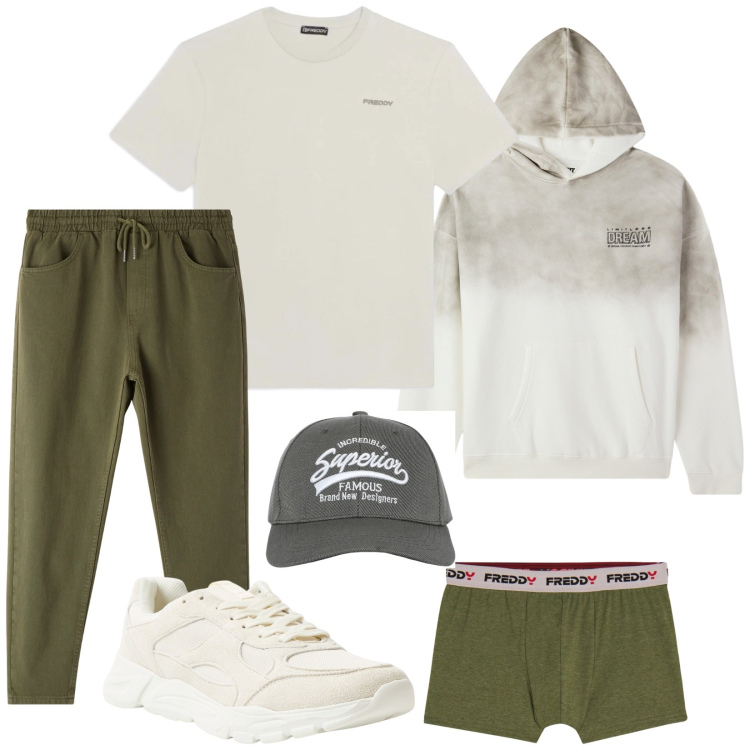 Outfit uomo - Total look #2368985. Stile Casual per Sport. Abbinamento con t-shirt, boxer, cappelli con visiera, pantaloni, felpe con cappuccio, sneakers.