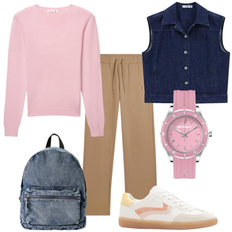 Outfit donna - Weekend di primavera. Stile Basic per Tutti i giorni. Abbinamento con sneakers, maglieria, zaini, gilet, pantaloni, orologi.