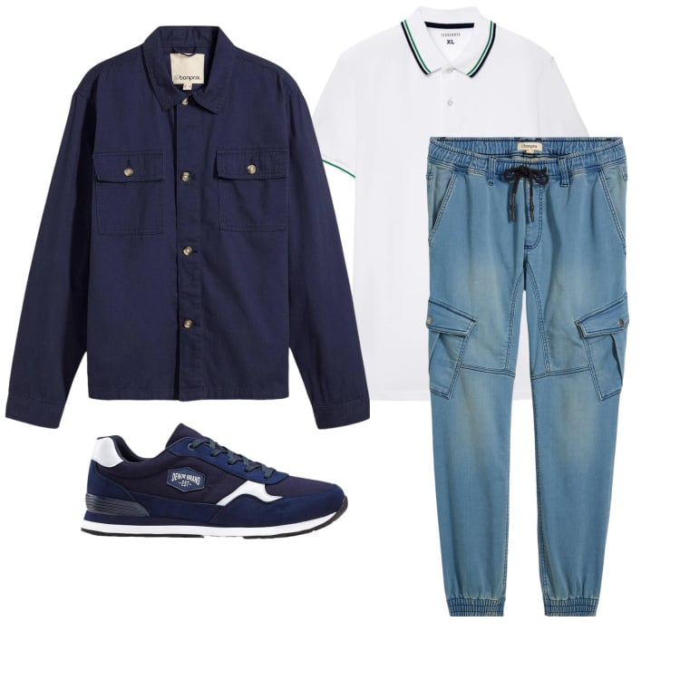 Outfit uomo - Marzo. Stile Casual per Tutti i giorni. Abbinamento con jeans dritti, sneakers, giacche, polo.