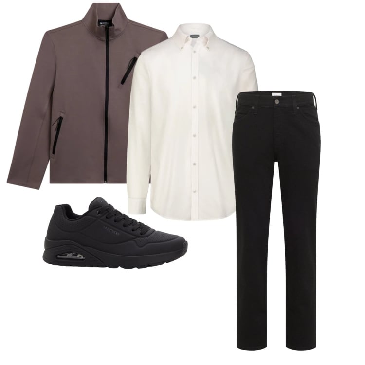 Outfit uomo - Marzo. Stile Casual per Ufficio. Abbinamento con sneakers, jeans dritti, felpe, camicie.