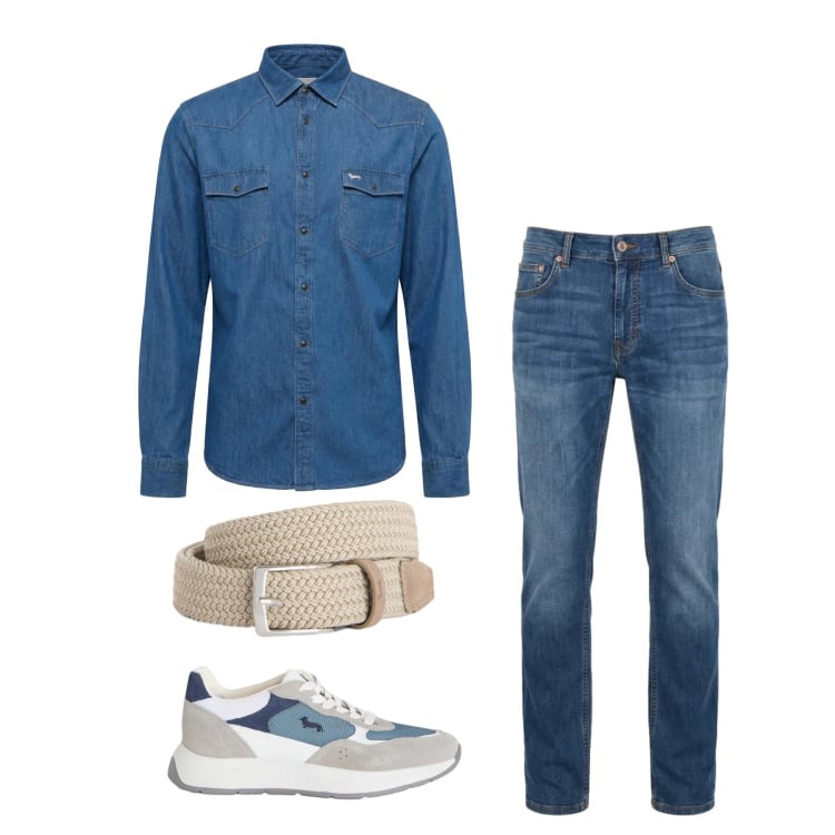 Outfit uomo - Marzo. Stile Trendy per Tutti i giorni. Abbinamento con sneakers, cinture, jeans, camicie.