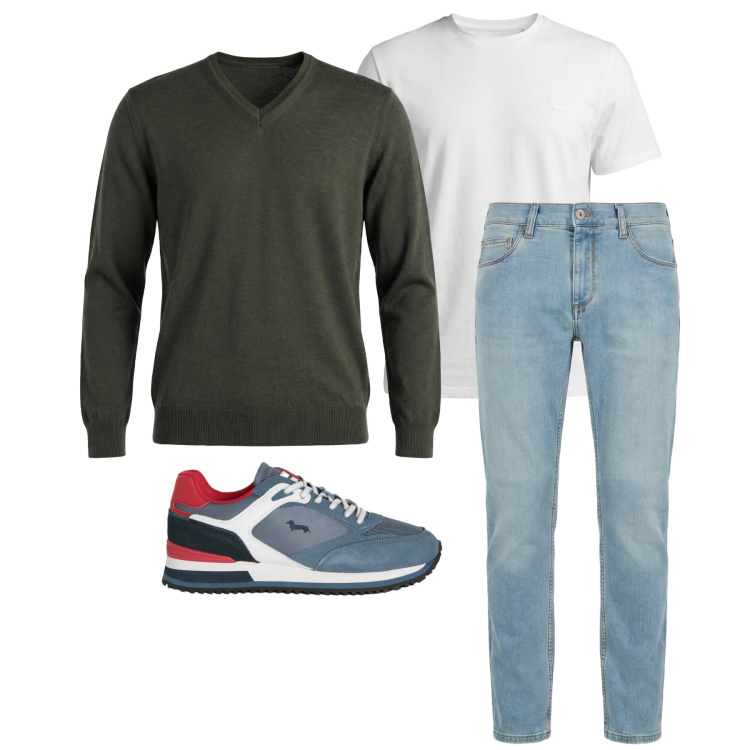 Outfit uomo - Marzo. Stile Trendy per Tutti i giorni. Abbinamento con jeans slim fit, sneakers, t-shirt, pullovers.
