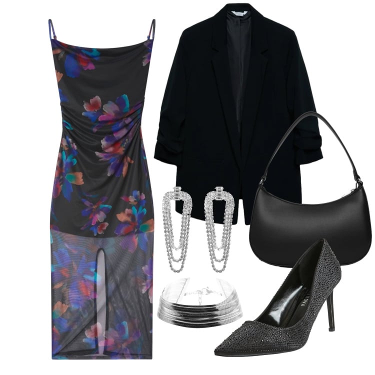 Outfit donna - Marzo. Stile Glamour per Serata fuori. Abbinamento con vestiti lunghi, orecchini, blazer, borse a tracolla, décolleté, braccialetti.