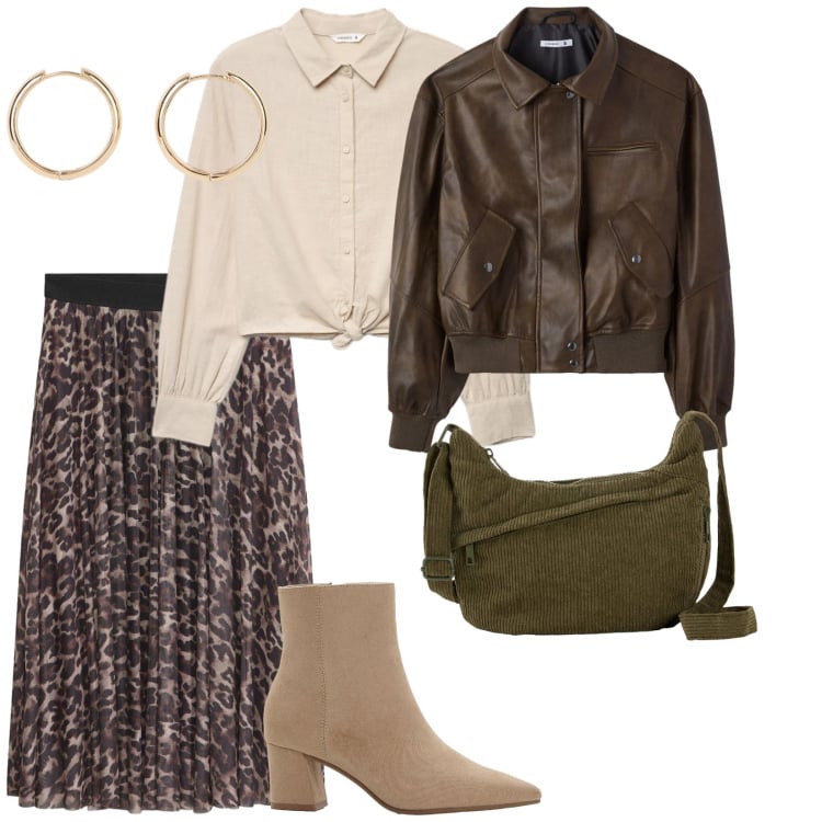 Outfit donna - La giacca di pelle. per Tutti i giorni. Abbinamento con gonne longuette, borse a tracolla, stivaletti, orecchini, camicie, giacche.