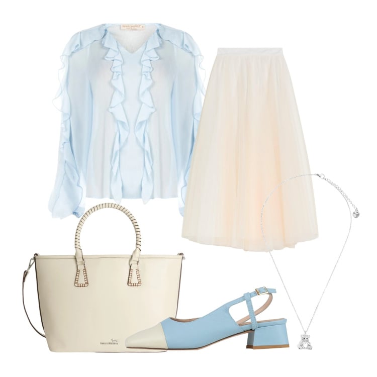 Outfit donna - Zucchero filato. Stile Casual chic per Ufficio. look ideale per Tall. Abbinamento con décolleté, gonne lunghe, shopping bag, ciondoli, bluse.