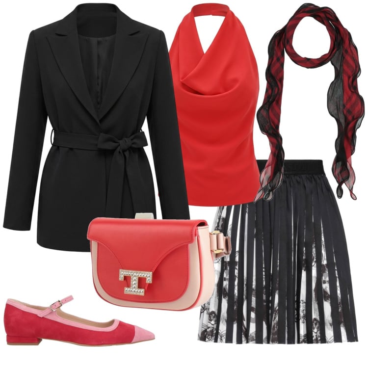 Outfit donna - Total look #2369009. Stile Chic per Serata fuori. Abbinamento con sciarpe, minigonne, marsupi, ballerine, blazer, canottiere.