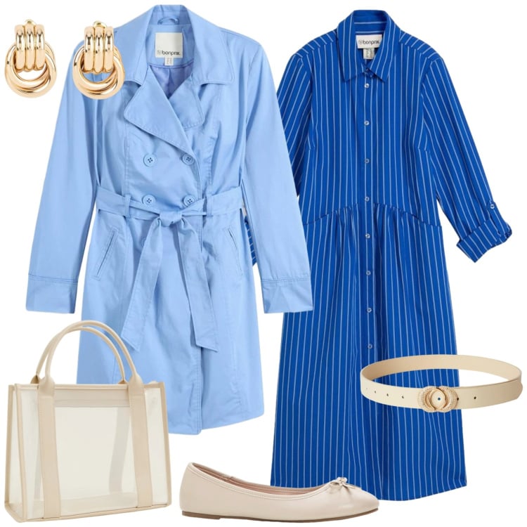Outfit donna - Azzurro polvere per il weekend. Stile Casual chic per Tutti i giorni. Abbinamento con trench, orecchini, vestiti midi/longuette, ballerine, borse tote, cinture.