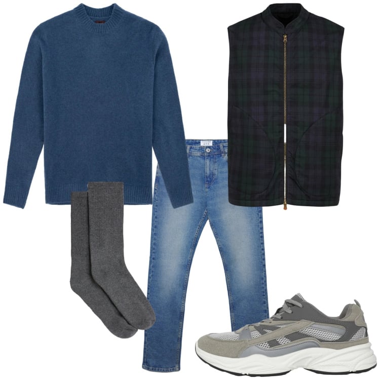 Outfit uomo - Tra inverno e primavera. Stile Casual per Tutti i giorni. Abbinamento con calzini, jeans dritti, piumini, sneakers, maglieria.