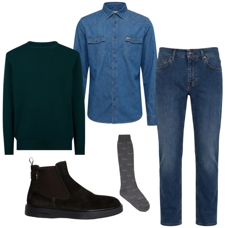 Outfit uomo - Total look #2369014. Stile Trendy per Tutti i giorni. Abbinamento con jeans, camicie, calzini, stivali e stivaletti, maglieria.