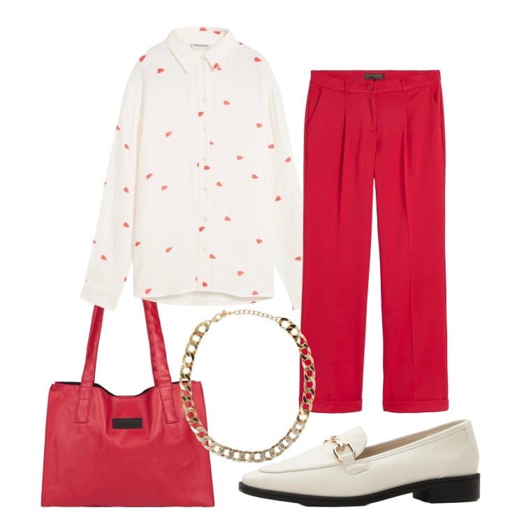 Outfit donna - Moulin Rouge!. Stile Casual chic per Ufficio. look ideale per Petite. Abbinamento con pantaloni, camicie, mocassini, collane, shopping bag.