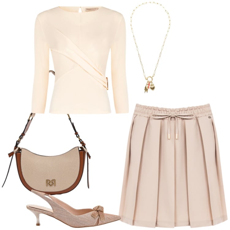 Outfit donna - Urban Chic in Palette Neutra. Stile Glamour per Tutti i giorni. Abbinamento con décolleté, borse a tracolla, bluse, minigonne, ciondoli.