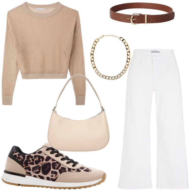 Outfit donna - Spring outfit. Stile Casual chic per Tutti i giorni. Abbinamento con jeans, sneakers, collane, cinture, maglieria, borse a tracolla.