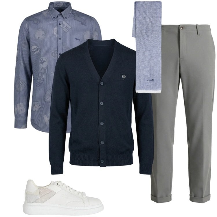 Outfit uomo - Total look #2369039. Stile Casual per Tutti i giorni. Abbinamento con sneakers, sciarpe, pantaloni chino, cardigans, camicie.