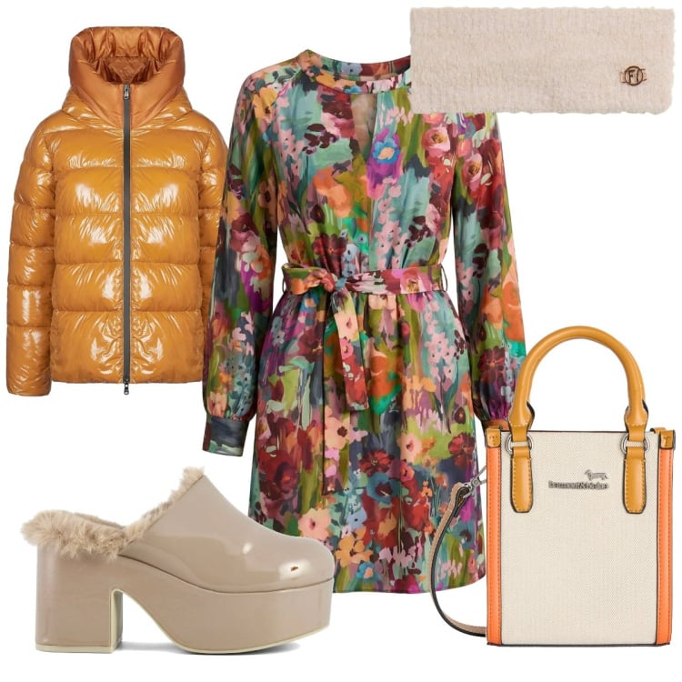 Outfit donna - Total look #2369059. Stile Trendy per Tutti i giorni. Abbinamento con vestiti corti, borse tote, piumini, fasce per capelli, sabot.