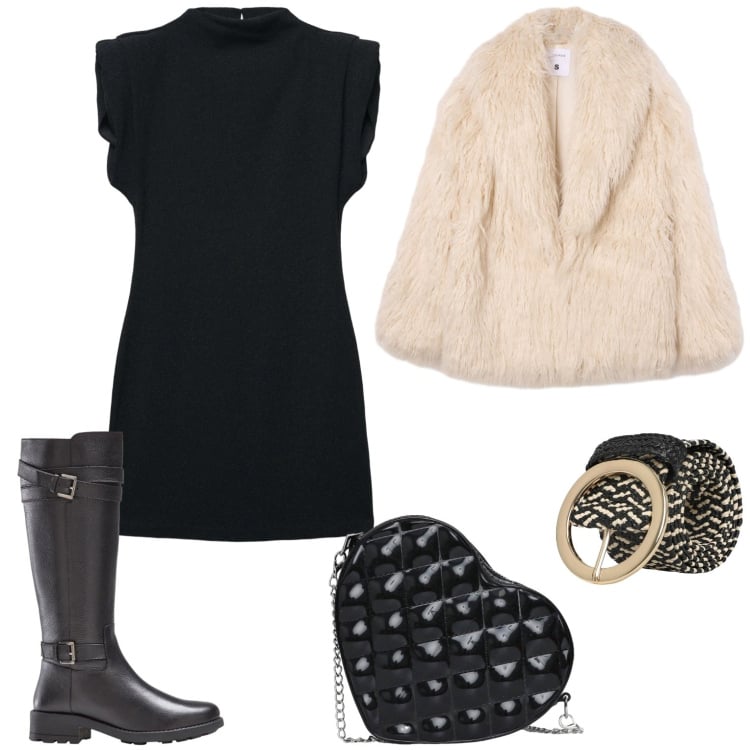 Outfit donna - Serata con le amiche. Stile Casual per Serata fuori. Abbinamento con stivali sopra il ginocchio, cinture, vestiti senza maniche, ecopellicce, borse a tracolla.