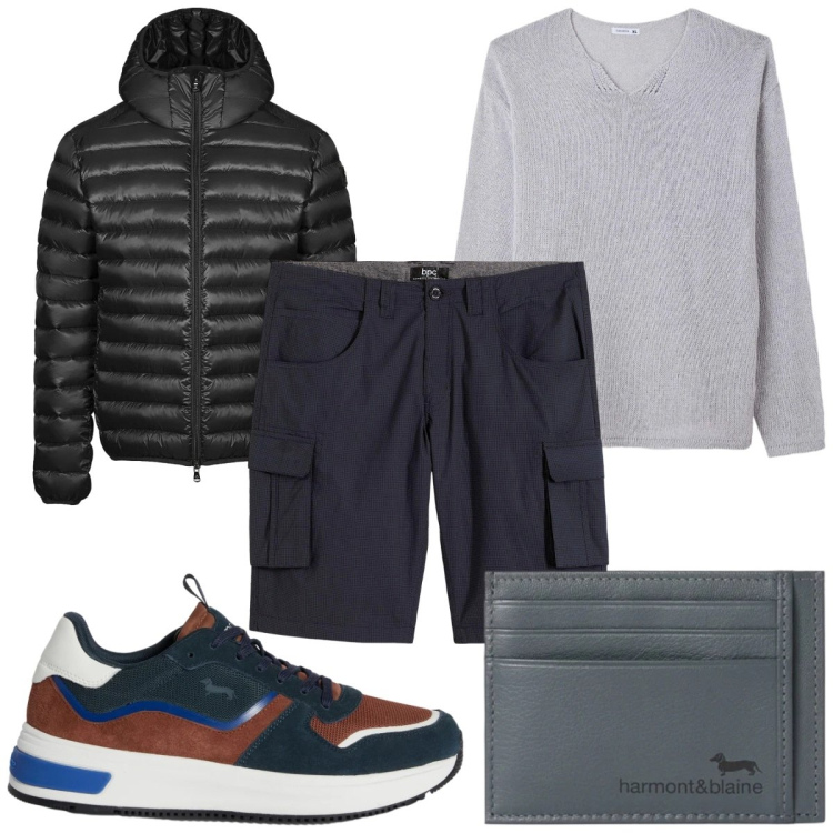 Outfit uomo - Total look #2369067. Stile Casual per Tutti i giorni. Abbinamento con bermuda, portafogli, sneakers, bomber, maglieria.