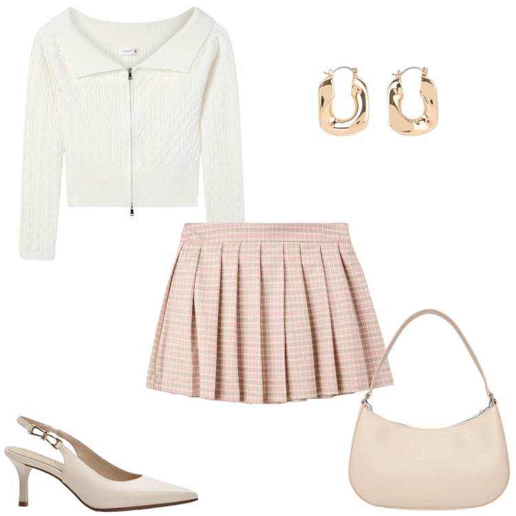 Outfit donna - Pomeriggio di inizio primavera. Stile Casual per Tutti i giorni. Abbinamento con décolleté, orecchini, maglieria, minigonne, borse a tracolla.