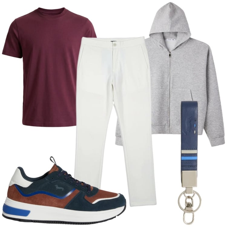 Outfit uomo - Total look #2369069. Stile Trendy per Tutti i giorni. Abbinamento con portachiavi, sneakers, t-shirt, pantaloni, felpe con cappuccio.