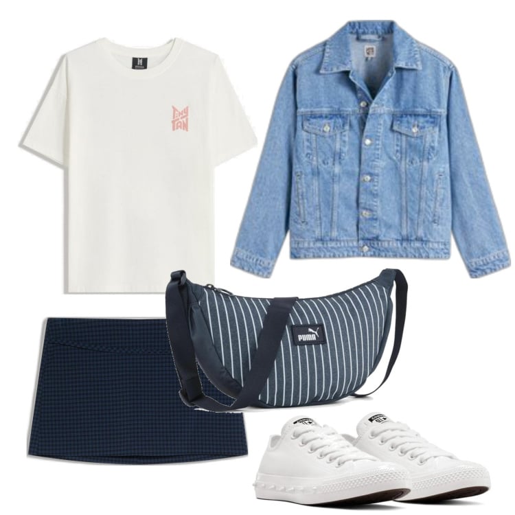 Outfit mujer - Casual look. Estilo Casual para Escuela/Universidad. Combinación con faldas, blazers, camiseta, bandoleras, sneakers.