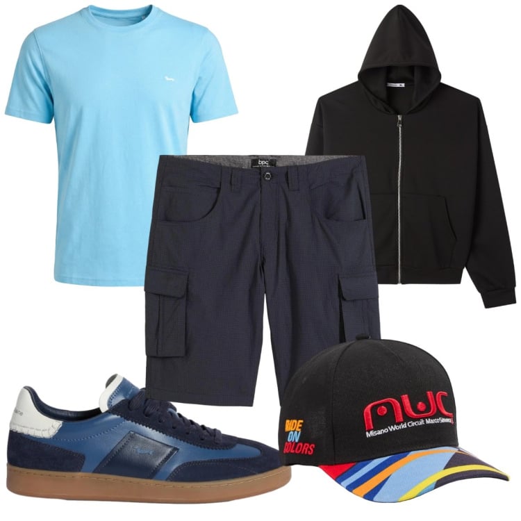 Outfit uomo - Total look #2369075. Stile Trendy per Tutti i giorni. Abbinamento con bermuda, t-shirt, sneakers, cappelli, felpe con cappuccio.