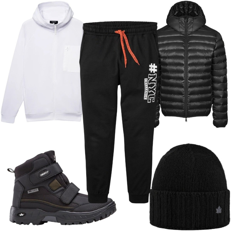 Outfit uomo - Total look #2369081. Stile Casual per Tutti i giorni. Abbinamento con stivali e stivaletti, pantaloni sportivi, felpe con cappuccio, bomber, cappelli.