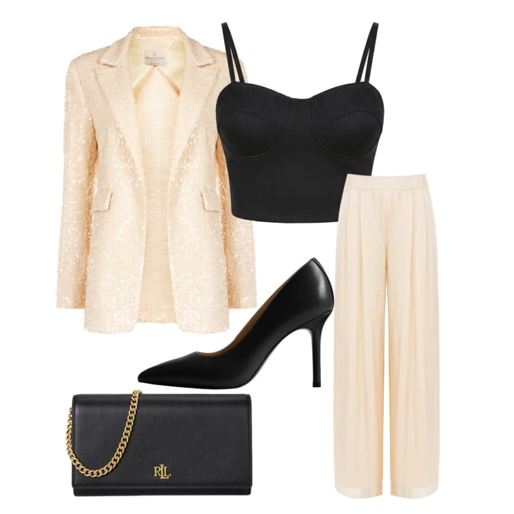Outfit donna - Luce di stelle. Stile Chic per Cerimonia. look ideale per Petite. Abbinamento con blazer, pantaloni a palazzo, top, décolleté, borse a tracolla.