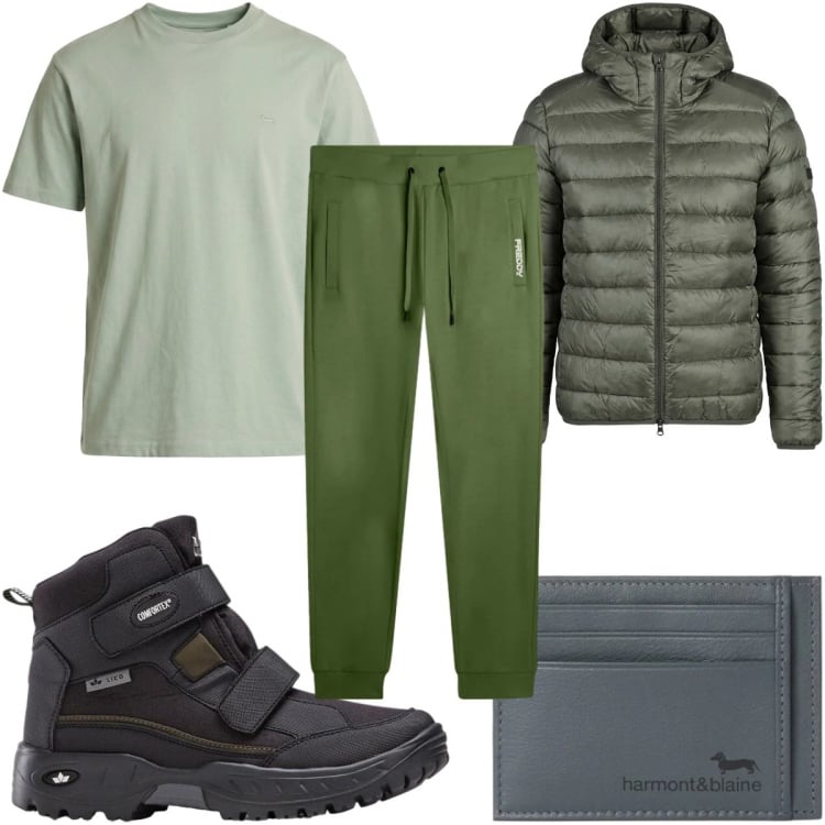 Outfit uomo - Total look #2369083. Stile Casual per Tutti i giorni. Abbinamento con stivali e stivaletti, t-shirt, portafogli, pantaloni, giacche.