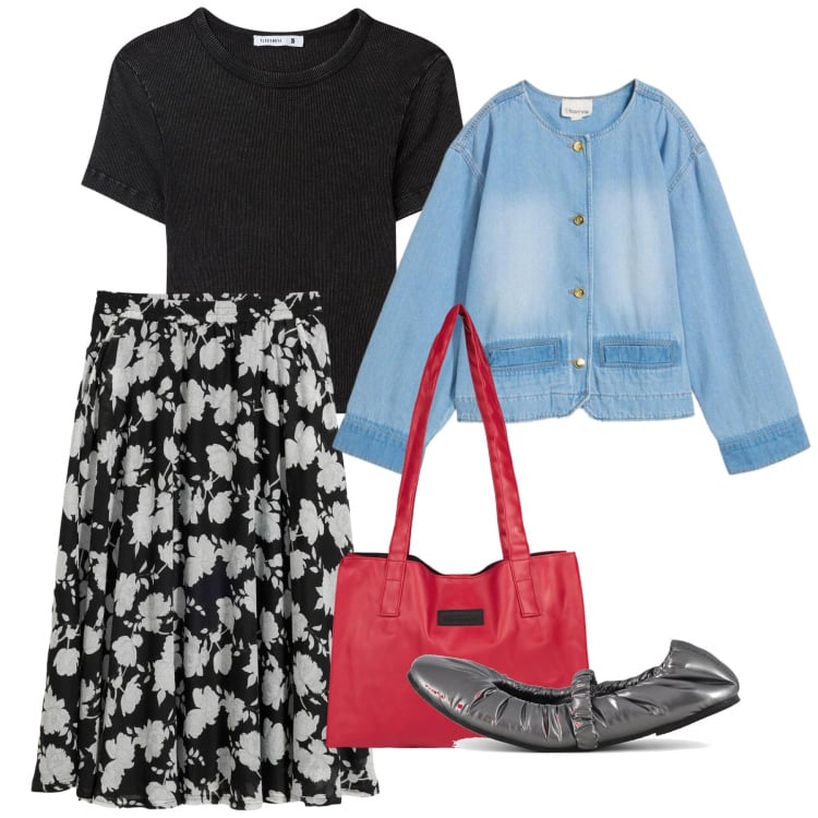 Outfit donna - Passeggiata. Stile Bon Ton per Tutti i giorni. Abbinamento con blazer, gonne lunghe, t-shirt, shopping bag, ballerine.