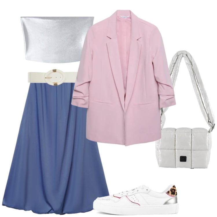 Outfit donna - Jeans e rosa. Stile Glamour per Tutti i giorni. Abbinamento con blazer, cinture, top, gonne lunghe, borse a spalla, sneakers.