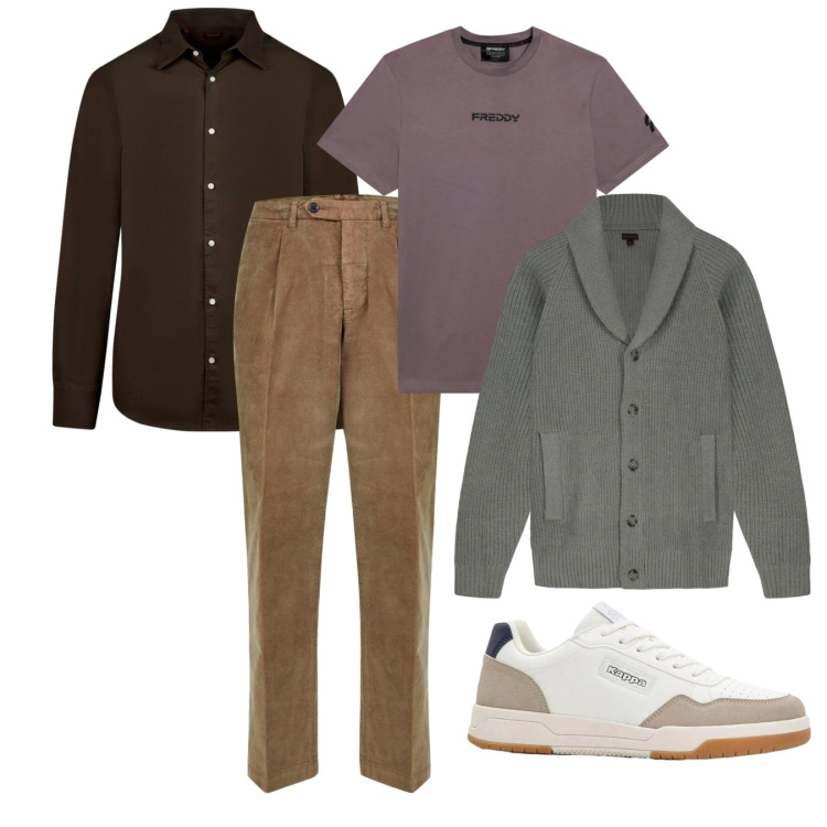 Outfit uomo - Fresco a marzo. Stile Casual per Tutti i giorni. Abbinamento con sneakers, t-shirt, pantaloni, camicie, cardigans.