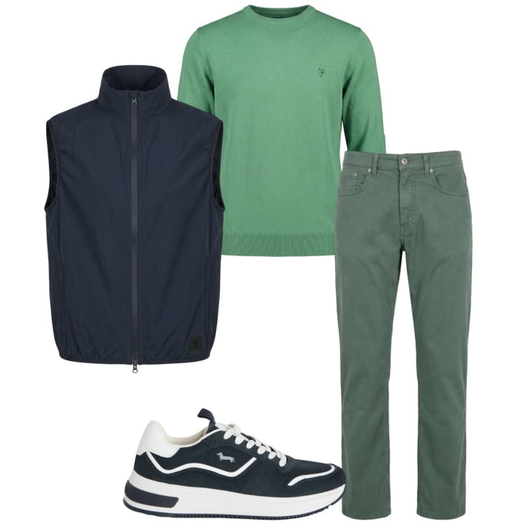Outfit uomo - Verso la nuova stagione. Stile Urban per Tutti i giorni. Abbinamento con sneakers, pantaloni, maglieria, gilet.