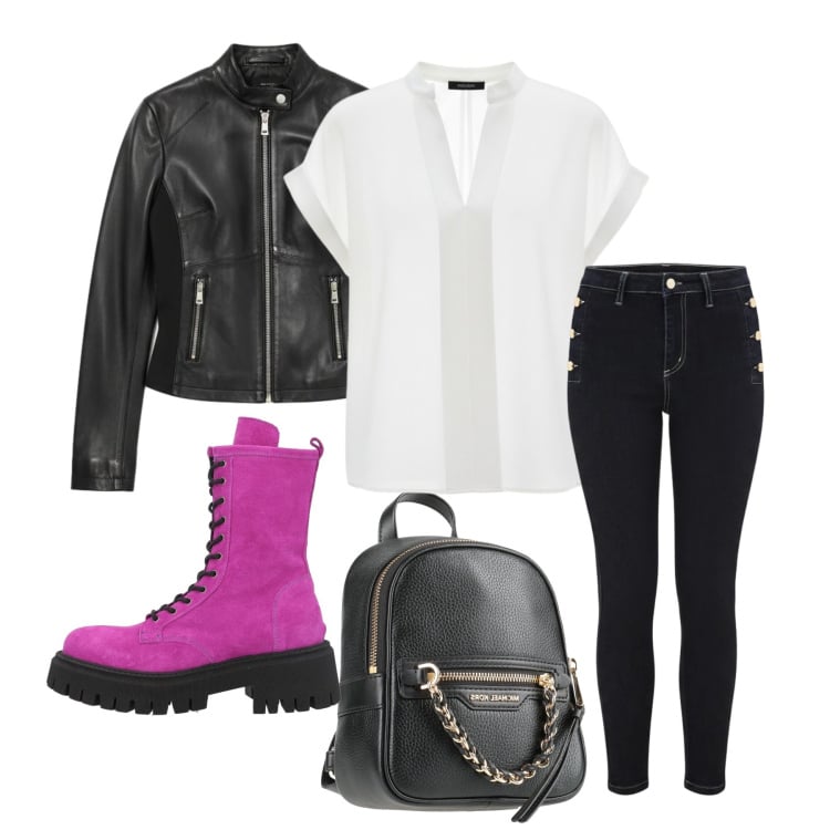 Outfit donna - Pink rock. Stile Rock per Scuola/Università. look ideale per Petite. Abbinamento con zaini, stivaletti, bluse, giacche, jeans skinny.