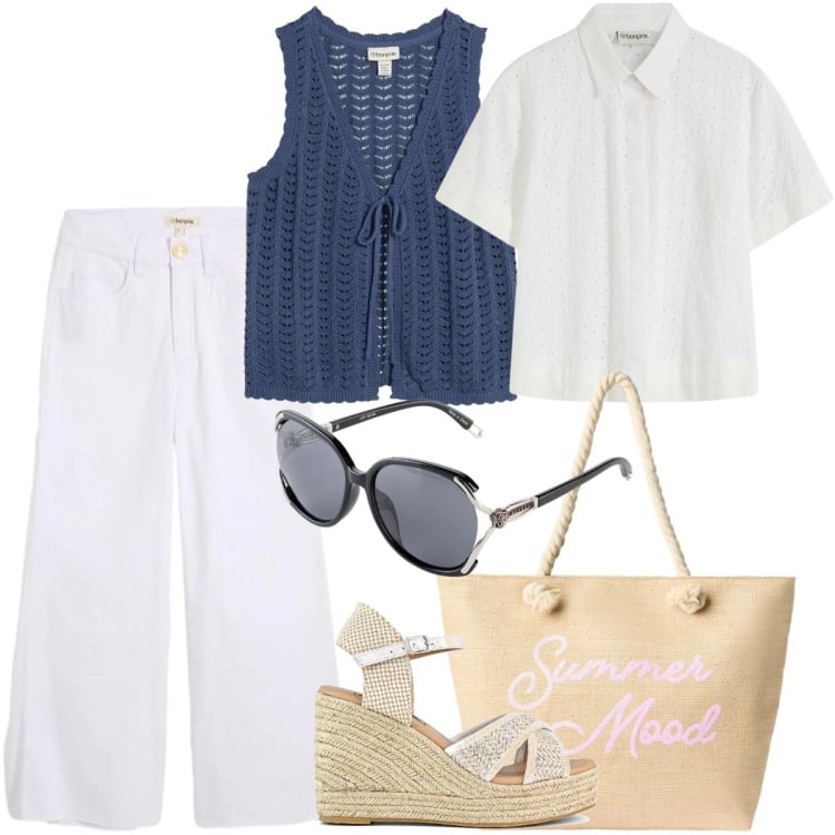 Outfit donna - Total look #2369124. Stile Casual chic per Tutti i giorni. Abbinamento con jeans, maglieria, camicie, occhiali da sole, borse tote, zeppe.