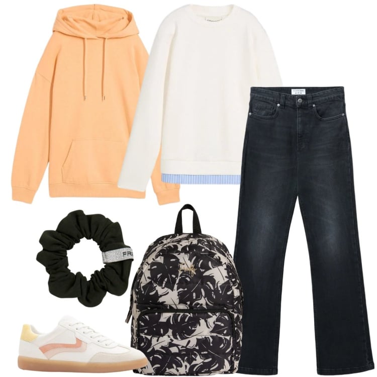 Outfit donna - Total look #2369129. Stile Sporty chic per Tutti i giorni. Abbinamento con felpe, felpe con cappuccio, sneakers, jeans bootcut, accessori per capelli, zaini.