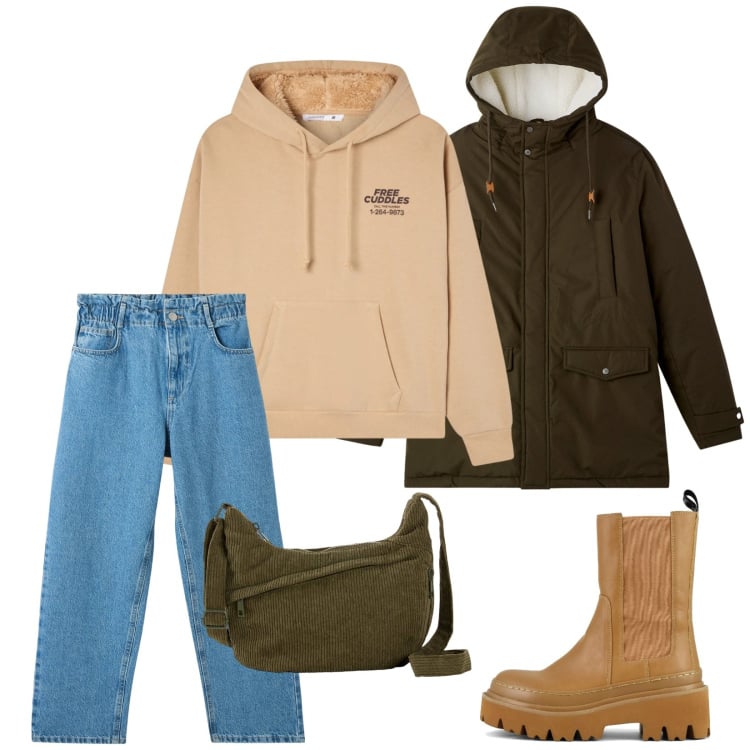 Outfit donna - Giornata freschina. Stile Casual per Tutti i giorni. Abbinamento con borse a tracolla, felpe con cappuccio, parka, jeans, stivaletti chelsea.