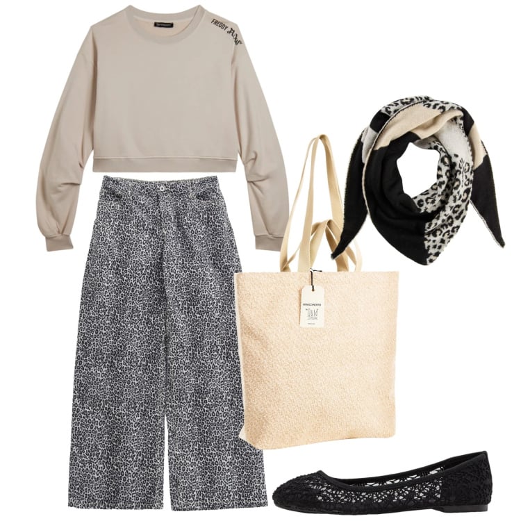 Outfit donna - Giornata in libertà. Stile Bon Ton per Tutti i giorni. Abbinamento con ballerine, foulard, pantaloni, borse tote, felpe.