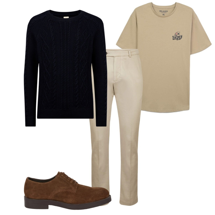 Outfit uomo - Fine settimana. Stile Casual per Tutti i giorni. Abbinamento con maglieria, pantaloni, scarpe stringate, t-shirt.