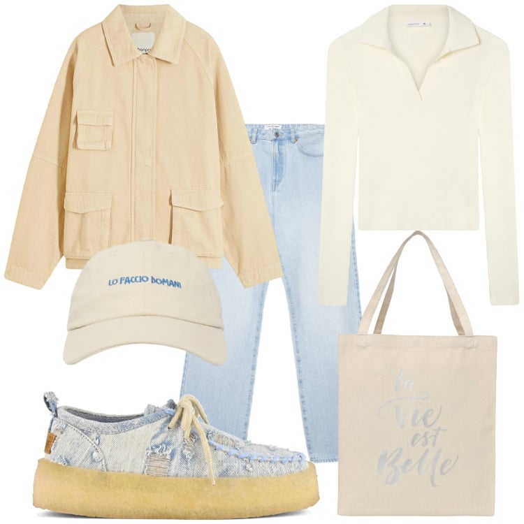Outfit donna - Total look #2369144. Stile Trendy per Tutti i giorni. Abbinamento con blazer, jeans dritti, borse tote, maglieria, cappelli con visiera, scarpe stringate.