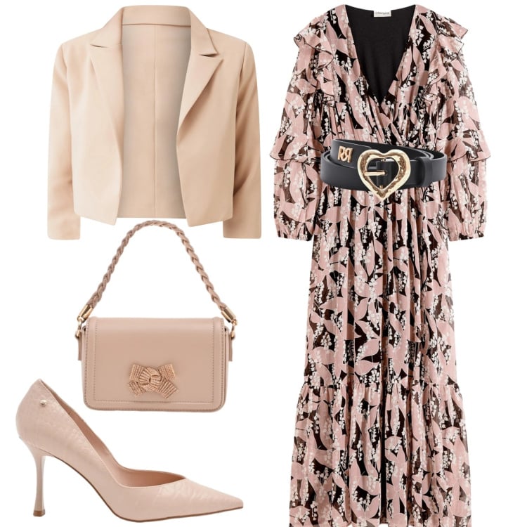 Outfit donna - Feste di primavera. Stile Romantica per Cerimonia. Abbinamento con vestiti, blazer, pochette, décolleté, cinture.