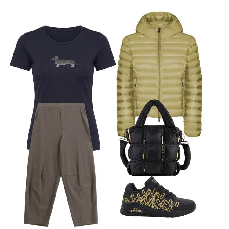 Outfit donna - Nero e oro. Stile Casual per Tutti i giorni. Abbinamento con sneakers, t-shirt, pantaloni a palazzo, bomber, borse a mano.
